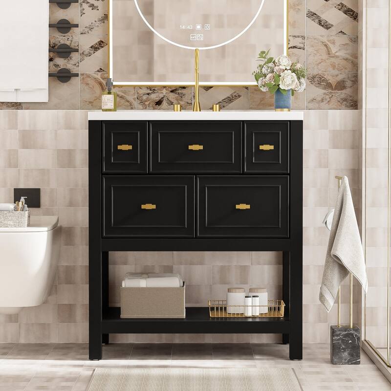 Bathroom Vanity with Ceramic Sink, Bathroom Storage Cabinet with 5 Drawers, Bathroom Vanity Set with Open Shelf