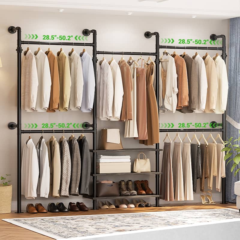 Industrial Pipe Garment Rack with Expandable Hanging Rods and Shelves,Reversible Walk-in Closet Organizer System Clothing Rack - Black Oak
