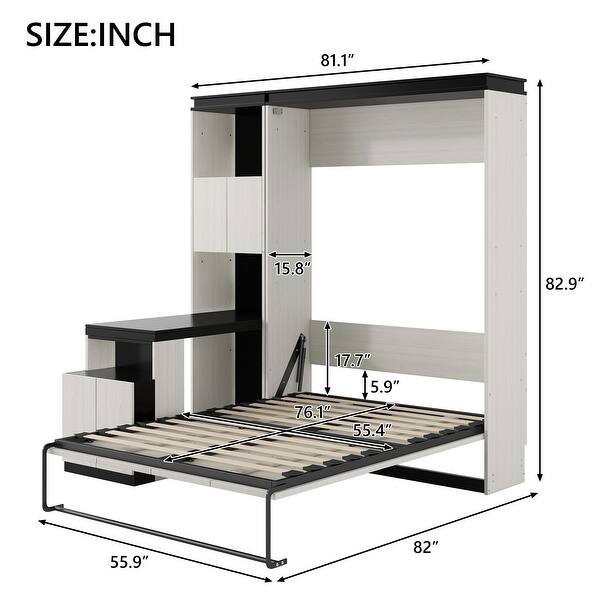 dimension image slide 1 of 2, Full Size Murphy Bed wDesk and Storage Shelves & Cabinets, Black White
