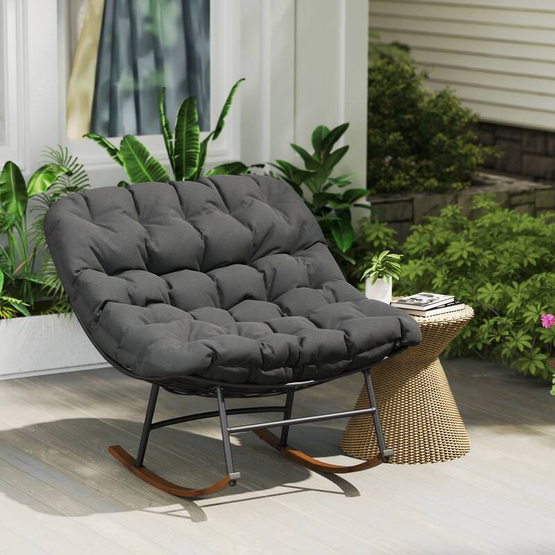 Steel Rocking Chairs with Cushions Woodgrain Base Indoor Outdoor Set of 2 - 36.6" W x 39.8" D x 30.7" H