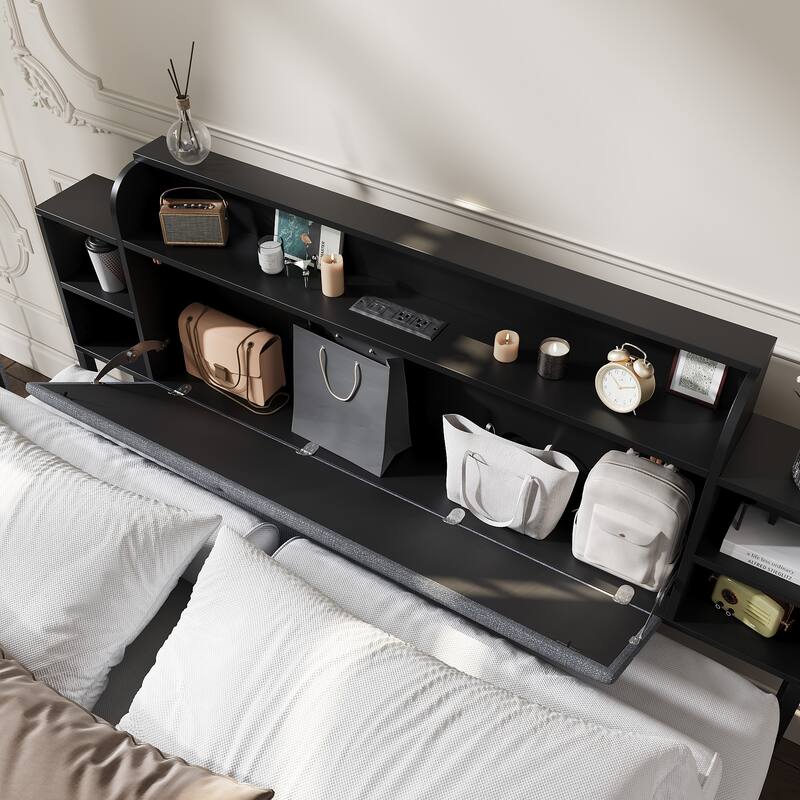 French Queen Size Bed Frame Platform with Brown/Black Storage Headboard & 4 Storage Drawers