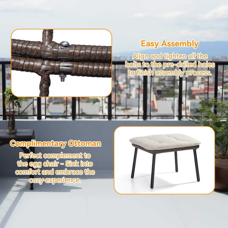 Cozywor Patio Indoor/Outdoor Egg Lounge Chair with Ottoman and Cushions