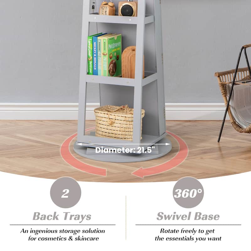 Gymax Rotating Mirrored Jewelry Cabinet Armoire 3 Color LED Modes