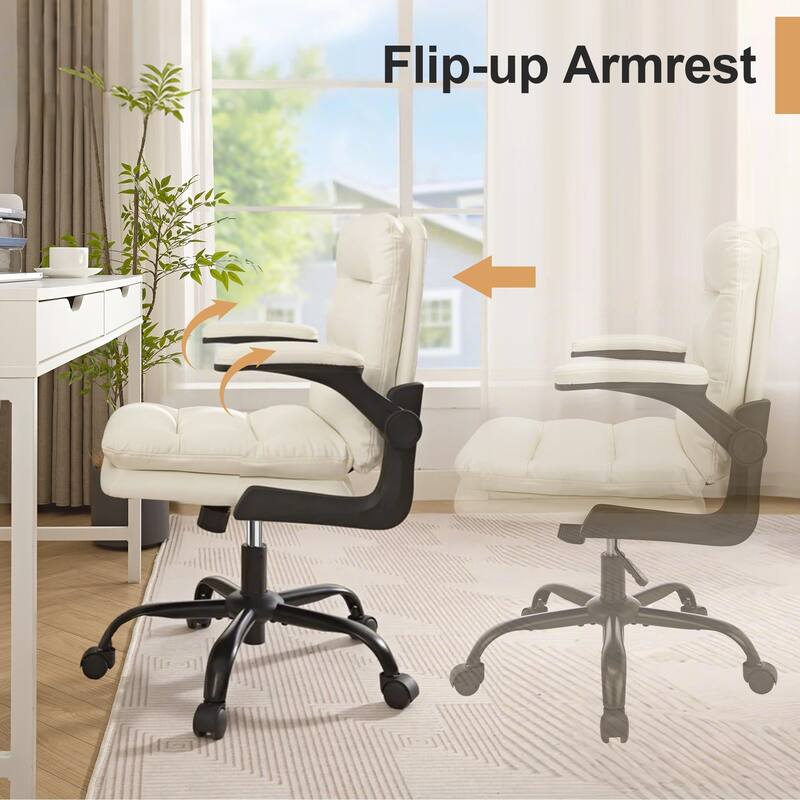 Javlergo White PU Leather Office Chair Adjustable Back 360° Swivel Chair with Flip-Up Arms Ergonomic Desk Chair for Home Office