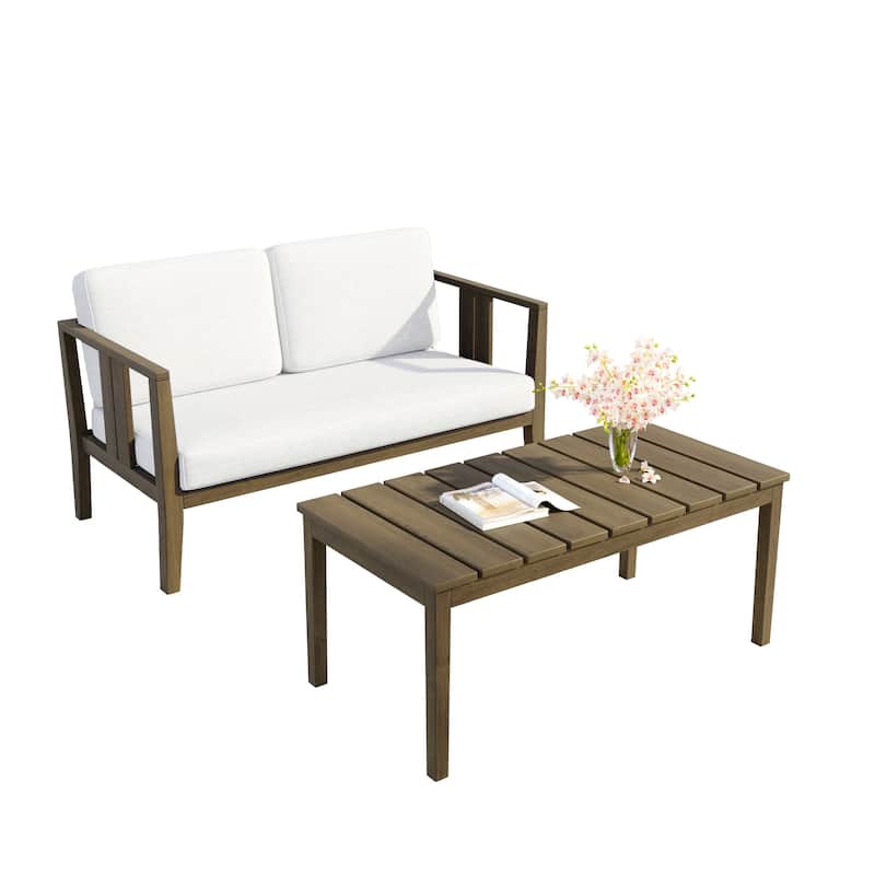 Uixe Teak Patio Loveseat with Coffee Table Outdoor Conversation Set