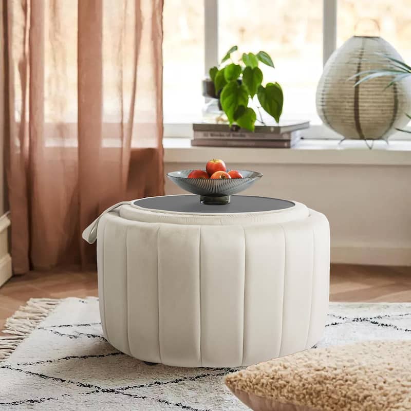 30" W Round Velvet Upholstered Storage Ottoman with Flip Top Tray