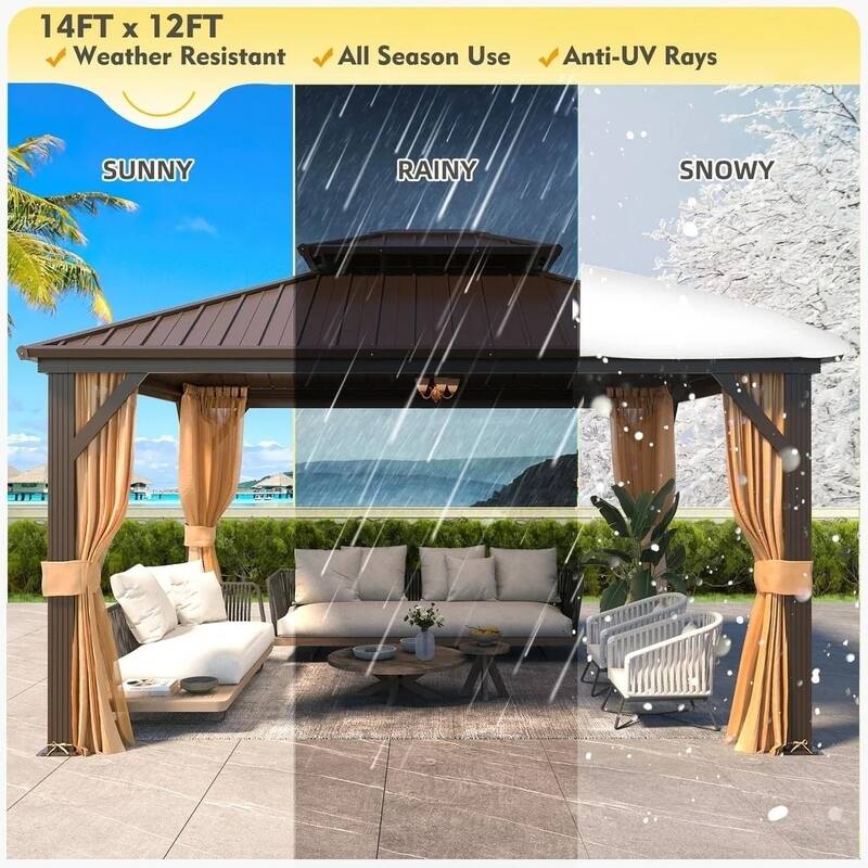 Outdoor Hardtop Gazebo with Double Galvanized Steel Roof & Aluminum Frame, Featuring Curtains and Netting for Added Comfort