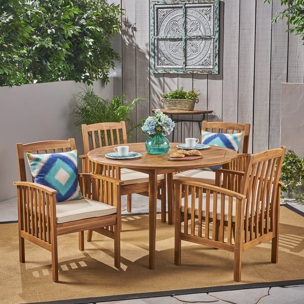 slide 2 of 9, Casa Cushioned Acacia 5-piece Dining Set by Christopher Knight Home Teak Finish + Cream Cushion