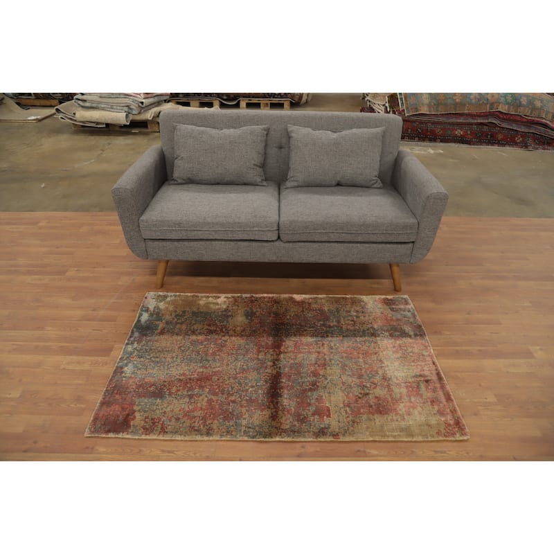 Hand Knotted Oriental Viscose Silk Carpet Modern Abstract Oranges & Rust Abstract Area Rug - 4' 10'' X 3' 1''