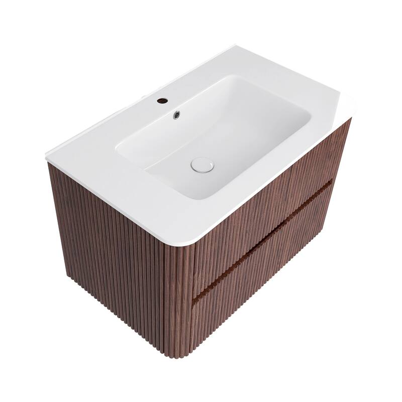 Wall-Mounted Bathroom Vanity in Walnut with Integrated White Ceramic Sink