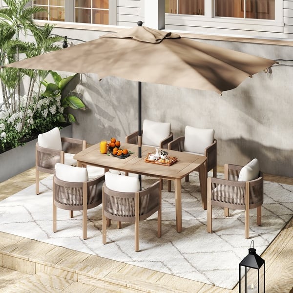 slide 2 of 14, Outdoor Dining Set 7-Piece Acacia Wood Patio Rope-Woven Arm Chair and Dining Table with Umbrella Hole Natural&Beige