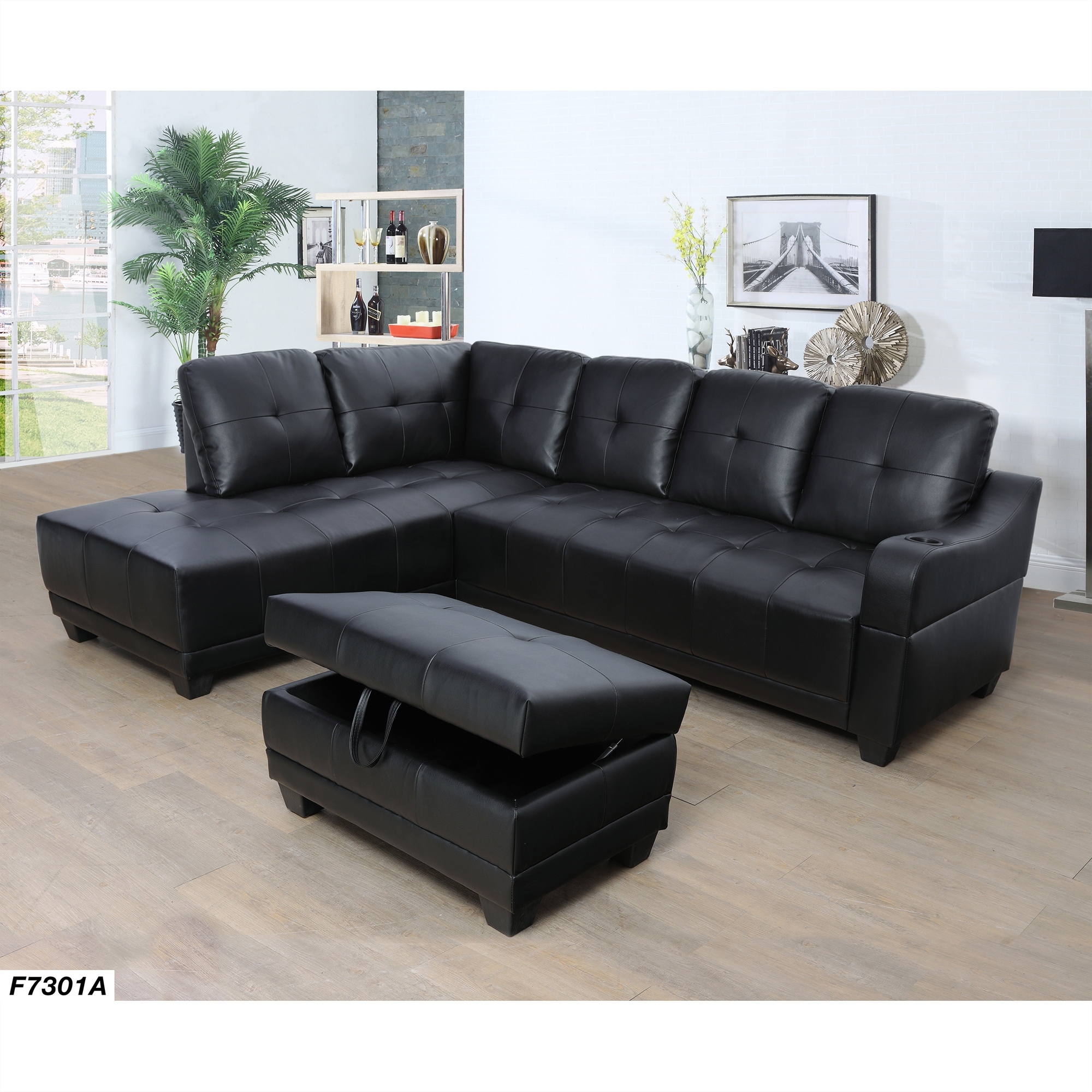 Black leather couch store with cup holders