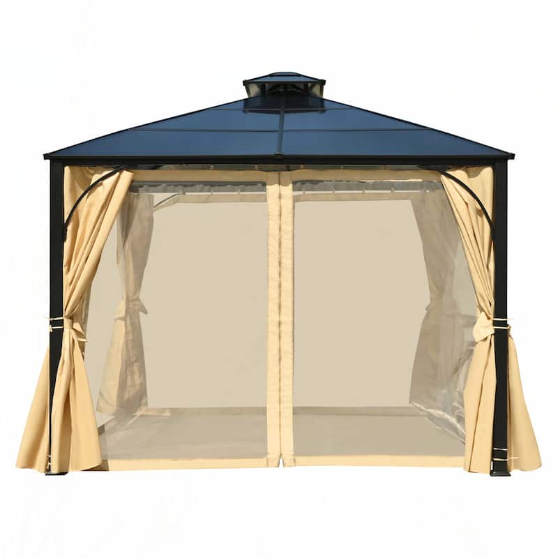 10'x12' Hardtop Heavy Duty Double Roof Patio Gazebo(Beige)