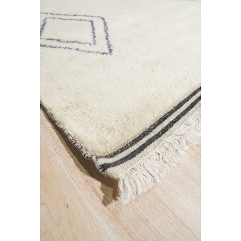 Ivory Hand Knotted Wool Moroccan Rug, 6' x 9', plush cozy floor accent - L