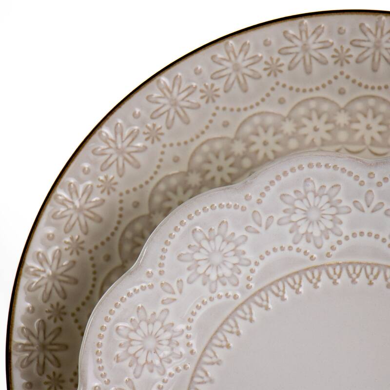 Doily Pattern Stoneware Dinnerware 16 Piece Set in Egg Shell