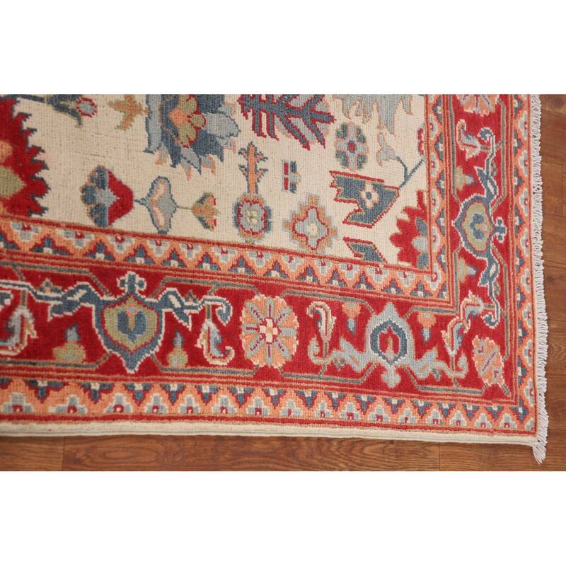 Blue Geometric Kazak Area Rug Hand-Knotted Oriental Wool Carpet - 4'11" x 6'7"