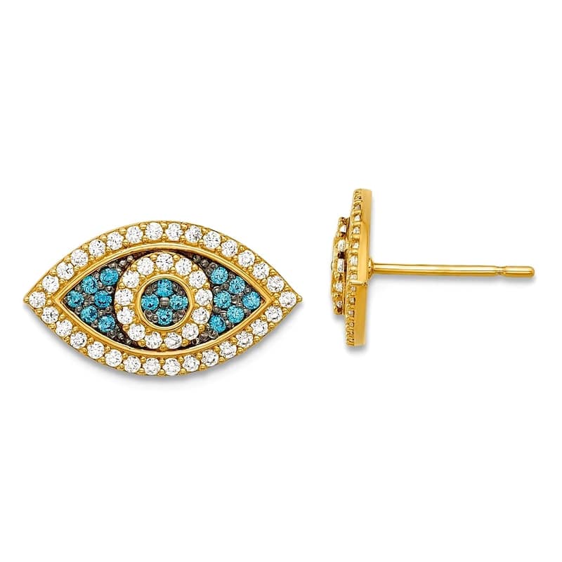 Curata 10k or 14K Yellow Gold Large Blue Cubic Zirconia Evil Eye Earrings - 16x9mm