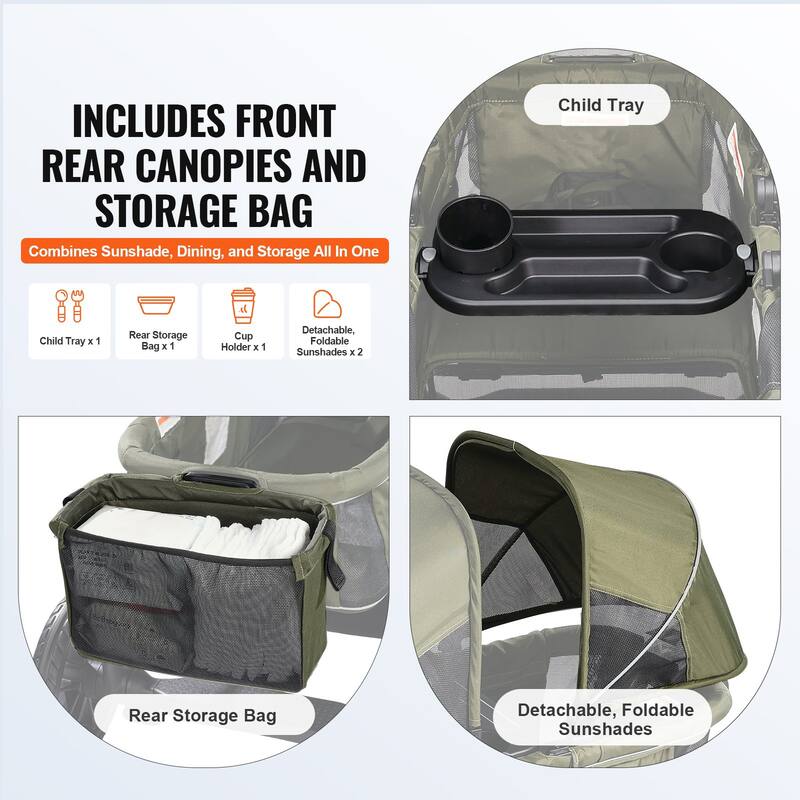 Carbon Steel All-Terrain Stroller Wagon Foldable Twin with Canopy and Tray - 47.2” L x 27.2” W x 42.1” H
