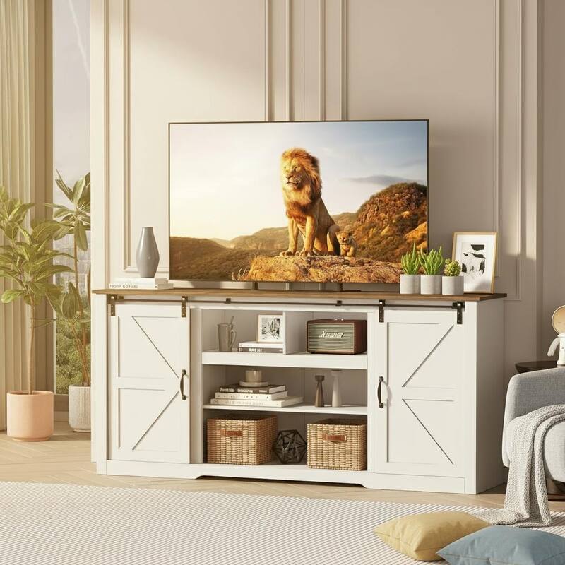 Farmhouse TV Stands, with Adjustable Shelves & Sliding Barn Door - Brown+White