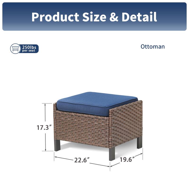 Pocassy Outdoor Wicker 2-Piece Ottoman Chair with Cushion