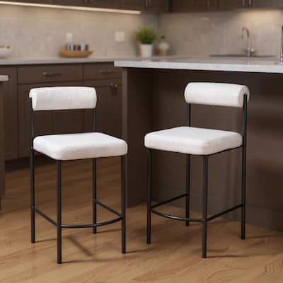 HomeRoots Set of Two 26" Ivory and Black Faux Shearling and Steel Low Back Counter Height Bar Chairs