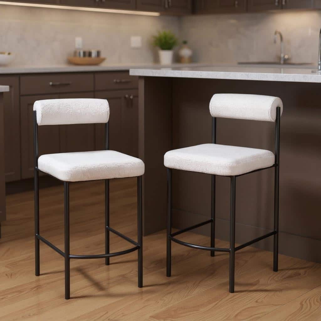 HomeRoots Set of Two 26" Ivory and Black Faux Shearling and Steel Low Back Counter Height Bar Chairs