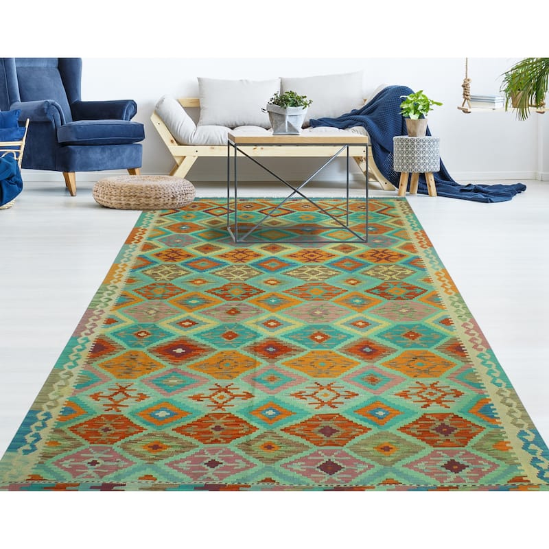 Sangat Flatweave Minoo Turquoise/Orange Rug - 6'3" x 9'7"