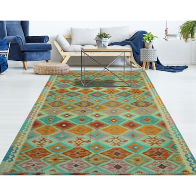 Sangat Flatweave Minoo Turquoise/Orange Rug - 6'3" x 9'7"