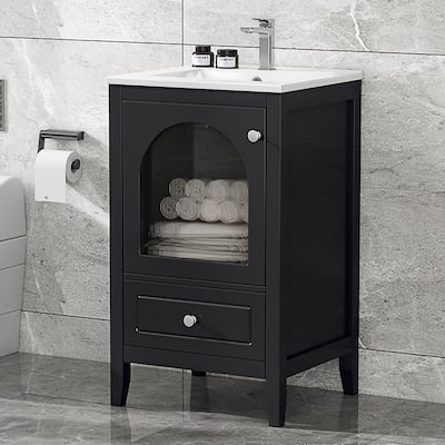 20 in. W Freestanding Bathroom Vanity with White Ceramic Sink and Glass Door