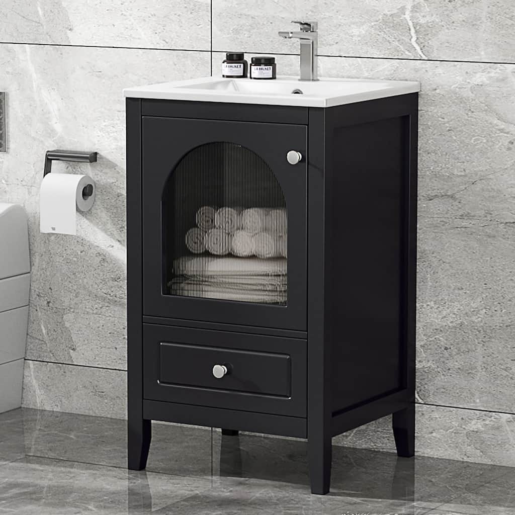 Bathroom Vanity with Ceramic Sink, Single Basin Vanity Set with Door and Drawer, Bathroom Cabinet with Soft Closing Glass Door