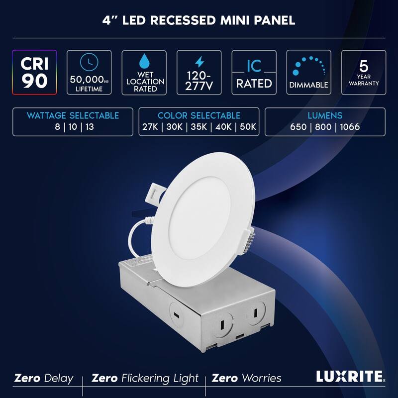 LUXRITE 4 Inch Canless Spotlight LED Recessed Light 5CCT Dimmable 650/800/1066LM CRI 90 8W/10W/13W ETL Listed