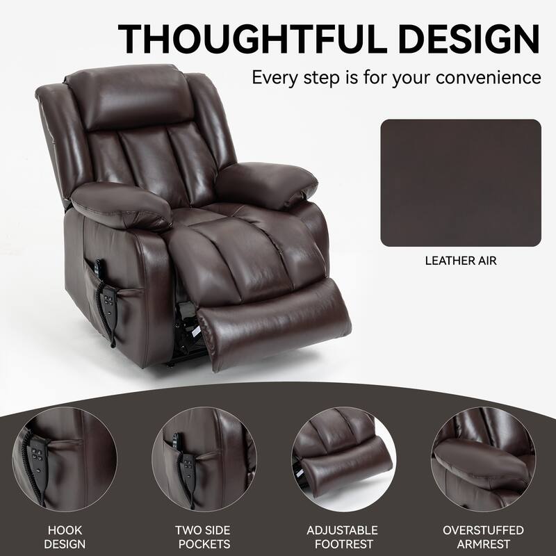 Brown Medium Electric Power Lift Recliner Chair in Genuine Leather with Dual Motors, 8-Point Massage, and Lumbar Heat