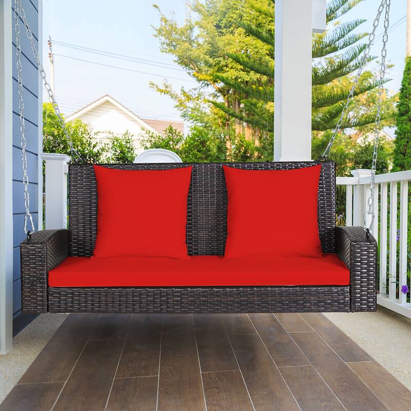 Costway 2-Person Patio Rattan Hanging Porch Swing Bench Chair Cushion