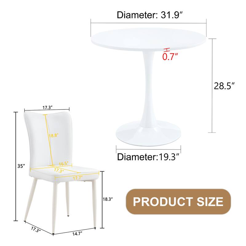 Roomfitters 5pcs Small Round Dining Table Set with Cream Style Chairs and Vertical Line Backrest Design, White
