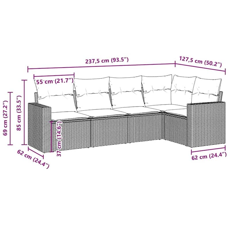 vidaXL Garden Sofa Set Brown PE rattan Large Adjustable Feet - 24.4 x 25.8 x 27.2