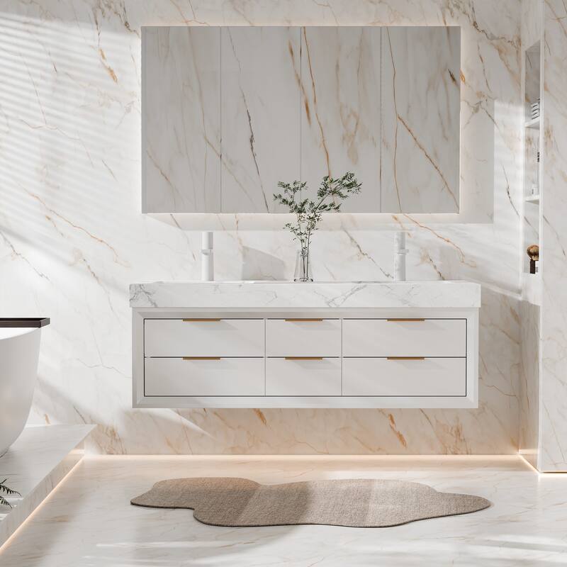 Modland 60" Modern Floating Bathroom Vanity with Double Sink, Soft-Close Drawers, White Stone Countertop - White