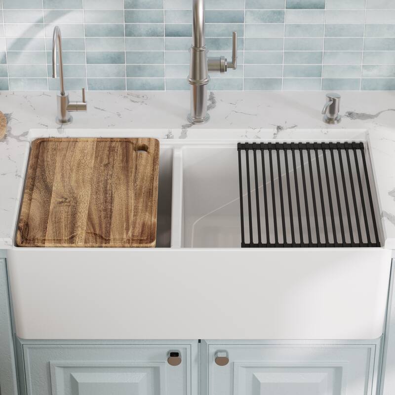 Karran 33" Double Bowl Workstation Fireclay Kitchen Sink with Reversible Fluted Apron Front