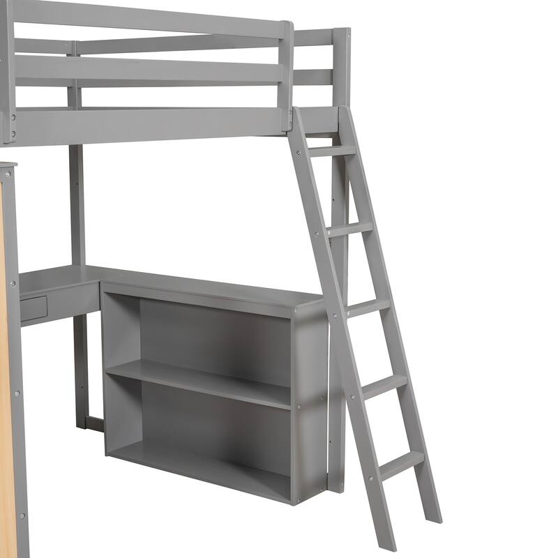 Full Size Loft Bed with Ladder, Shelves, and Desk, Space-Saving, Sturdy Design