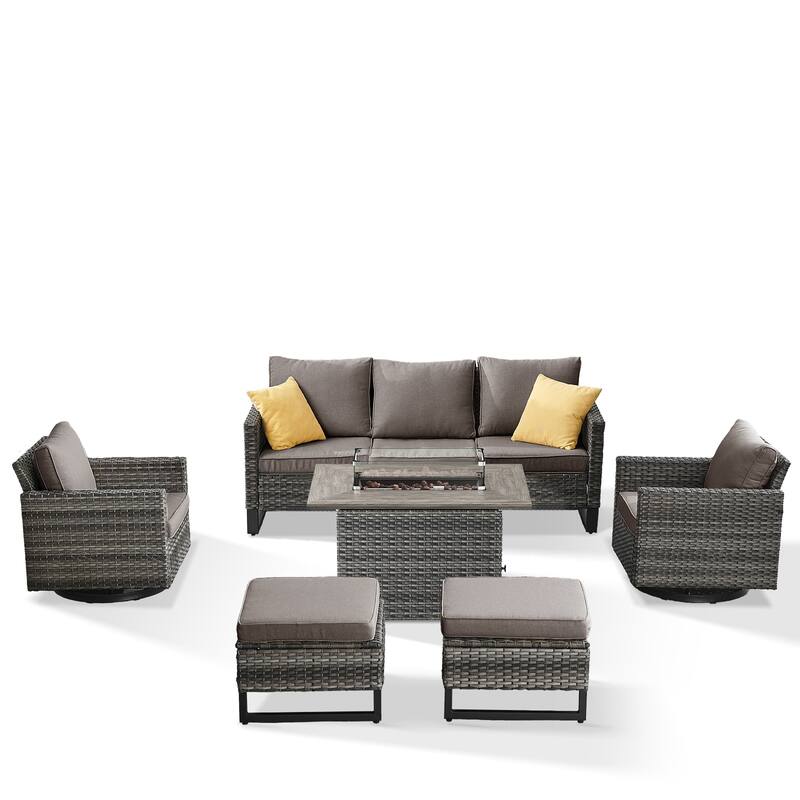 Patio Sofa 2 Swivel Chairs Ottomans and Fire Table Grey-Grey - Grey