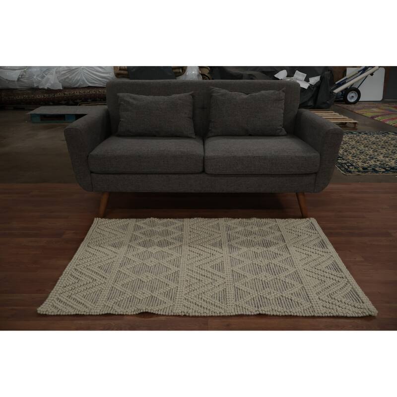 Hand Knotted Oriental 100% Wool Carpet Modern Geometric Beige & Ivories Moroccan Area Rug - 4' 7'' X 2' 11''