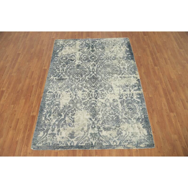 Hand Knotted Oriental Viscose Silk Carpet Modern Abstract Greys & Charcoal Abstract Area Rug - 8' 1'' X 5' 7''