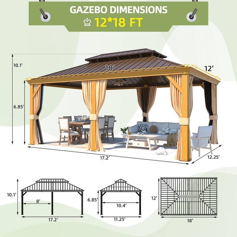 Erommy Pro Series Outdoor Galvanized Steel Roof Gazebo Pergola w/ Aluminum Frame & Vertical Rain Cutter