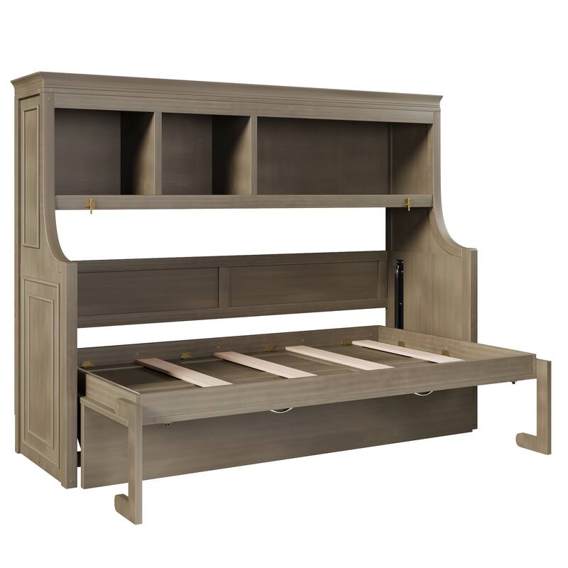 GDFStudio - Modern Wooden Twin Murphy Bed with Desk and Storage Shelves