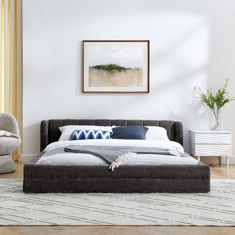 Chenille Fabric Grounded Bed, Thick Fabric Upholstered Bedframe Queen Size Low Wingback Bed with Solid Wood Slat Support Frame