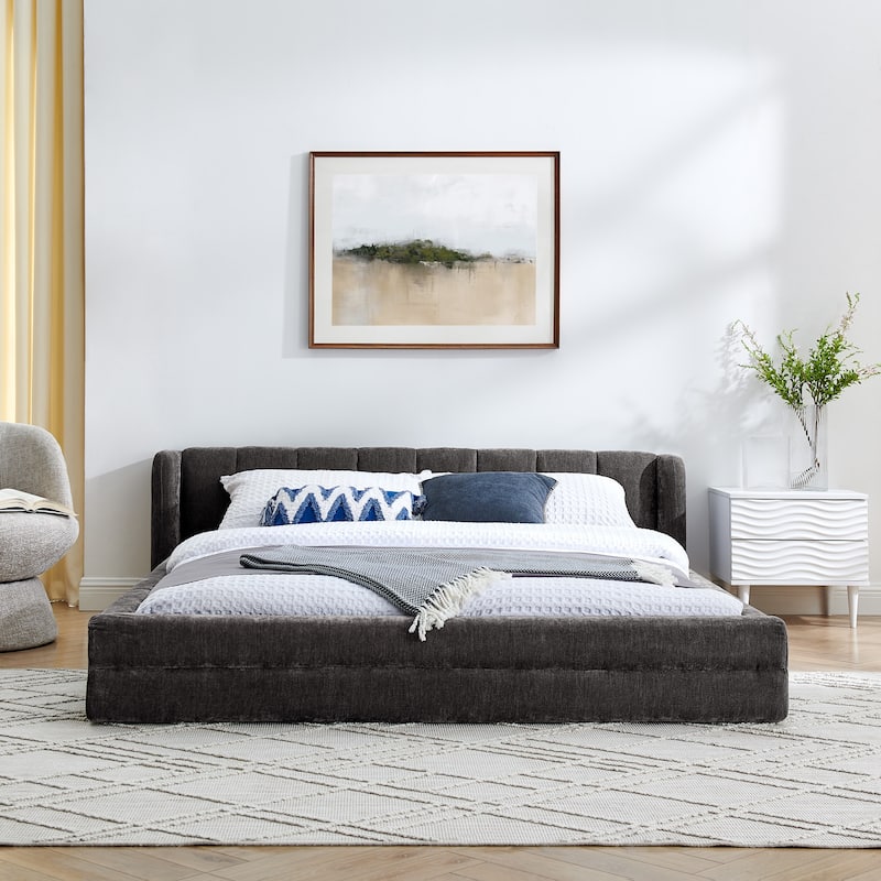Queen Size Upholstered Bed Frame with Headboard & Solid Frame, Chenille Fabric Grounded Platform Bed - Dark Grey