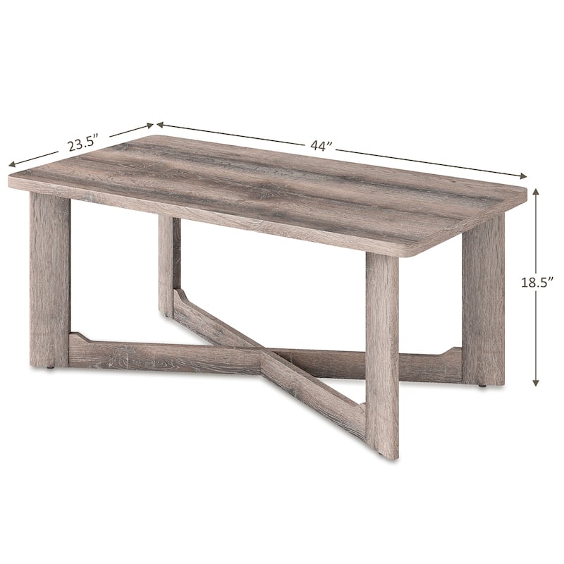 Grey Rubber Wood Farmhouse Coffee Table with X-Base and Sturdy Legs - 44" x 23.5" x 18.5"