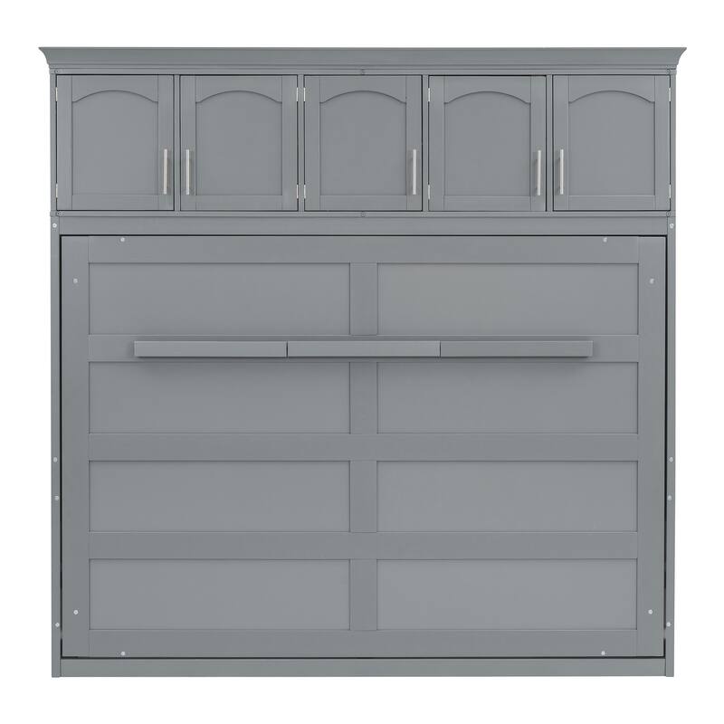 Modern Solid Wood Murphy Bed Chest w/ Top Cabinets, Storage Wall Platform Bed, Wood Slat Support, No Box Spring Needed, Folding
