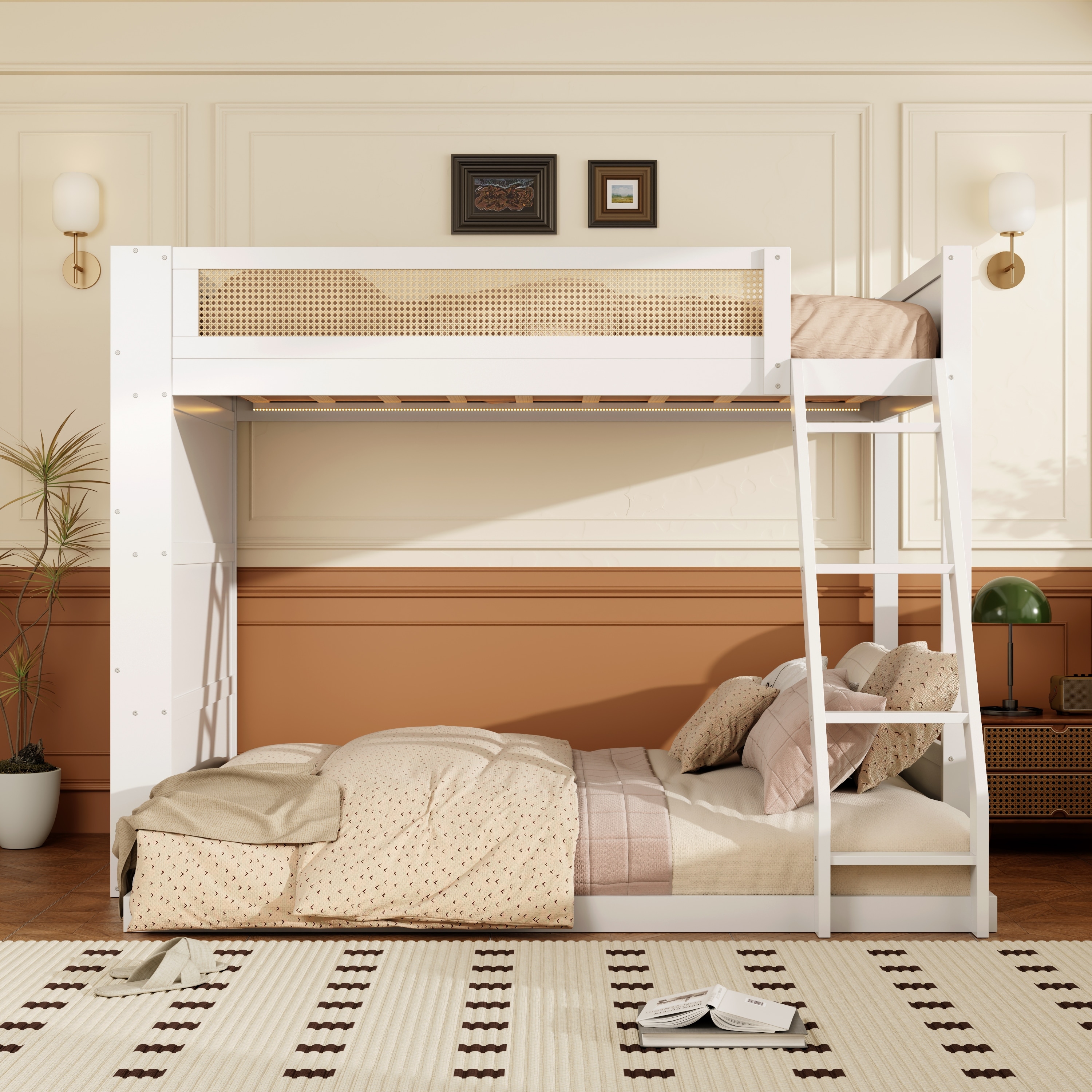 Twin over Full Bunk Bed with 4-Tier Shelf and Chic Rattan Guardrail