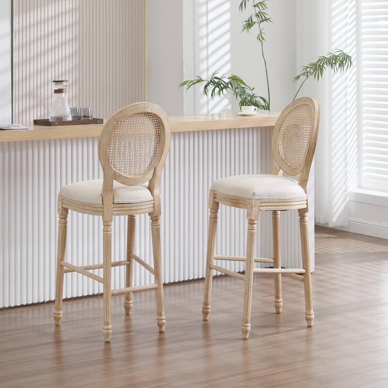 Set of 2 French Country Dining Chairs, Upholstered with Natural Rattan Round Back