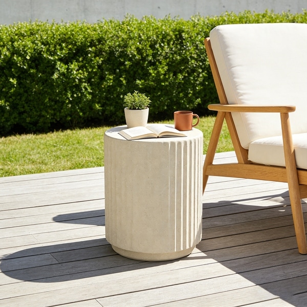 Outdoor Side Table, Cylinder Shaped MgO Patio End Table